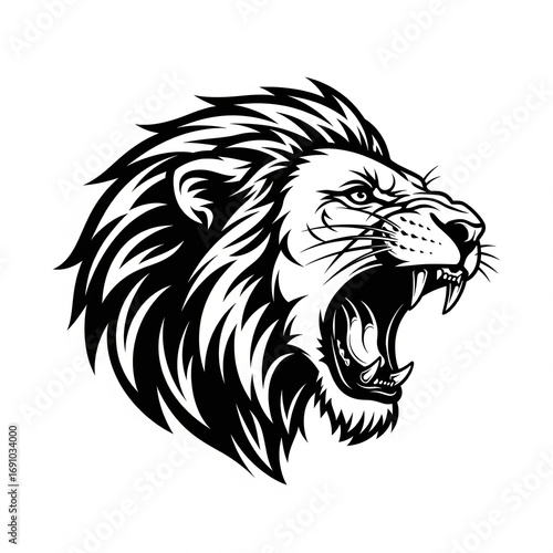 Fierce lion head roaring with open mouth and mane