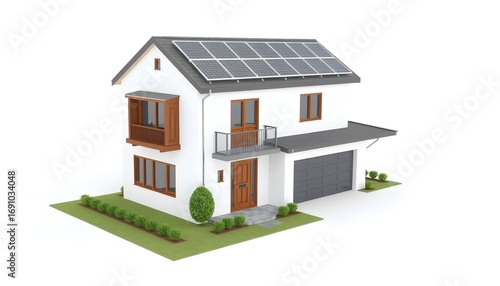 Wallpaper Mural A modern two-story house with solar panels on the roof, a garage, and a small garden, presented in a clean, isolated 3D rendering. Torontodigital.ca