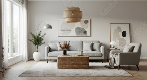 Modern Living Room Interior with Light Grey Sofa, Wicker Coffee Table, and Abstract Art