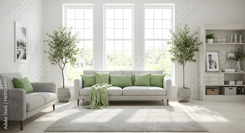 Modern Living Room Interior with Natural Light and Green Accents