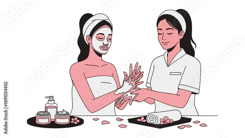 Skilled aesthetician applies a soothing facial mask to a relaxed client enjoying a spa treatment with flowers and beauty products