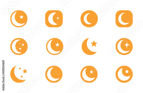 A collection of orange vector icons featuring the moon and stars in various shapes and forms, including circles and rounded squares.