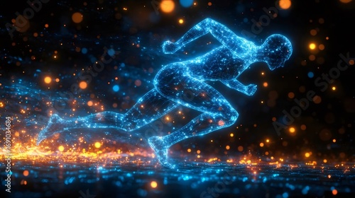Glowing Blue Digital Runner in Starting Position with Orange Particles on Black Background