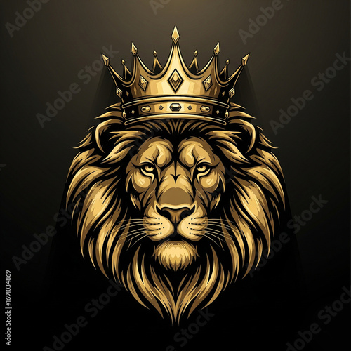 African lion wearing an ornate golden crown