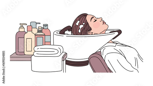 Woman relaxing with her head tilted back in a salon shampoo bowl surrounded by various hair care products and clean towels