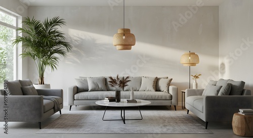 Modern Living Room Interior with Neutral Tones, Sofa, Armchairs, and Natural Light