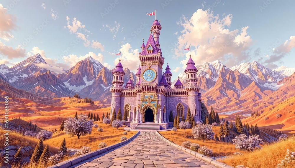 Fototapeta premium Grand stone castle nestled amidst rolling golden hills and majestic, snow-capped mountains against a beautiful sky