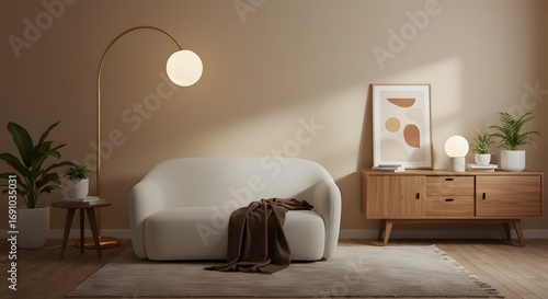 Modern Living Room Interior with Scandinavian Design, White Sofa, Wooden Furniture, and Plants