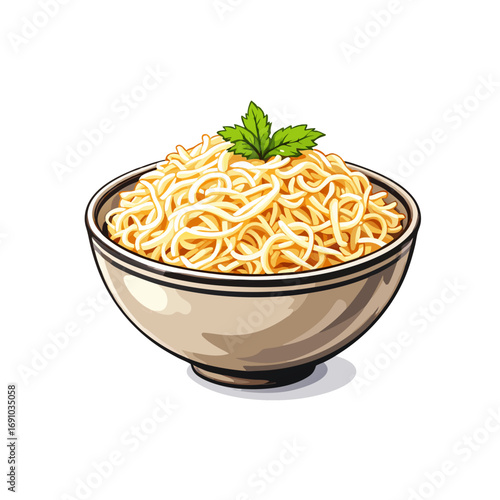 CartoonStyle Bowl of Noodles with Mint Leaf Garnish Asian Cuisine.