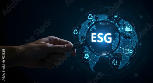 ESG Concept: Magnifying Glass Focuses on Environmental, Social, and Governance Icons around Globe