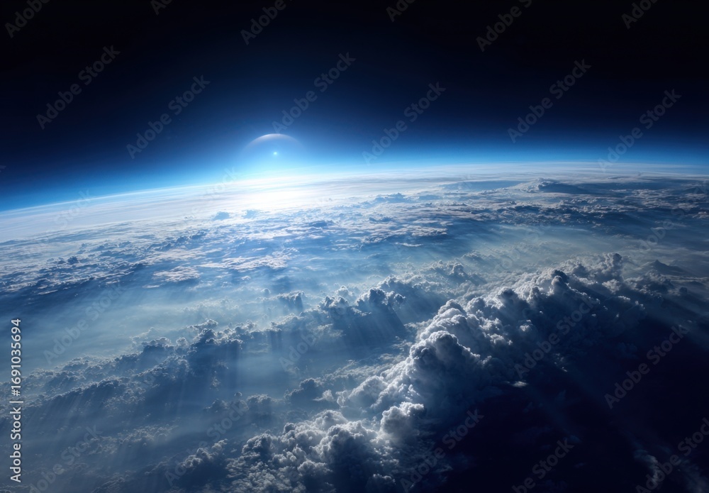 Fototapeta premium Earth from space, sunrise over clouds. Vast expanse of atmosphere with clouds illuminated by a sunrise. Vast, swirling clouds blanket the globe. A bright sunrise peeks through the atmosphere