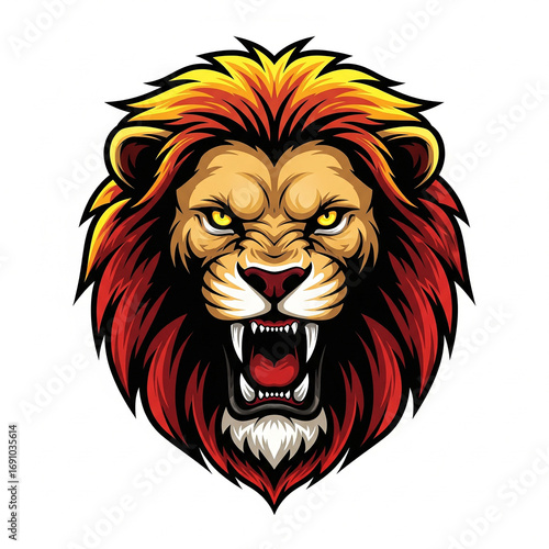 Fierce roaring lion head with fiery mane