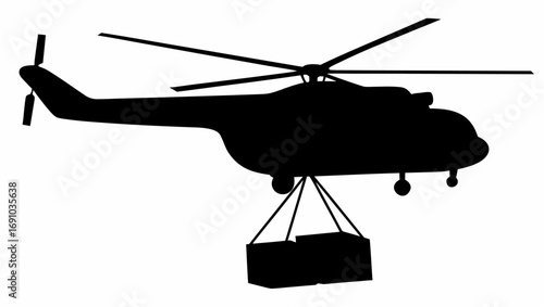 Silhouette of a helicopter carrying a box suspended by ropes against a white background in a simple design
