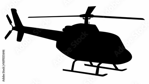 Silhouette depiction of a helicopter with rotors and landing skids against a white background view from side