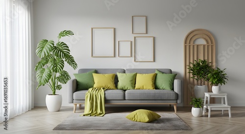 Modern Living Room Interior with Sofa, Plants, and Blank Frames