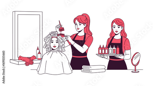 A skilled hairdresser meticulously applies hair dye to a client s curly hair while another assistant holds a tray of colorful hair coloring bottles and supplies