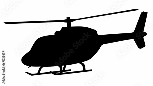 A silhouette of a helicopter with its rotor blades and landing skids on a white background in a simple style