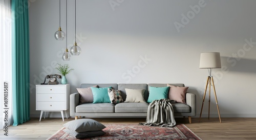 Modern Living Room Interior with Sofa, Vintage Telephone, and Floor Lamp