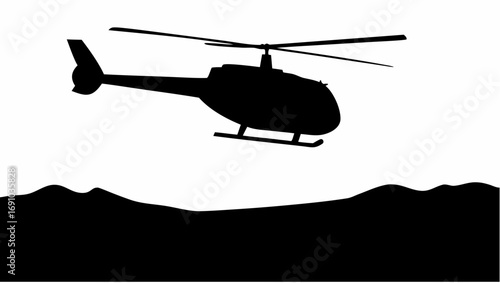 A silhouette of a helicopter flying over a dark landscape with rolling hills against a white background