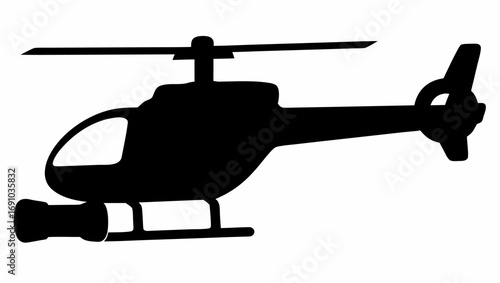 Silhouette of a helicopter with rotor blades and landing gear against a white background design view