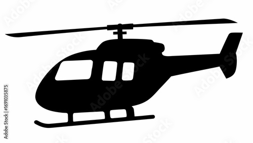 A silhouette of a helicopter with visible rotor blades landing skids and tail fin on a white background