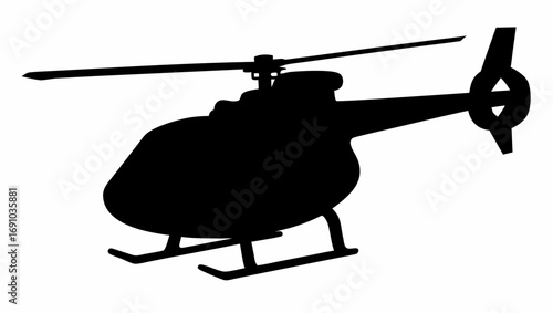 Silhouette of a helicopter with visible rotor blades and landing skids against a white background plane view