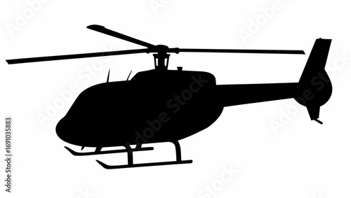 A silhouette of a helicopter with rotor blades and landing skids against a white background is shown here