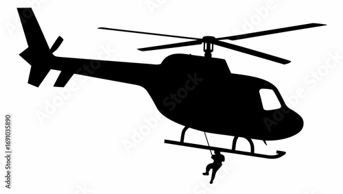Silhouette of a helicopter with a person rappelling down a rope from the landing skids below it shown