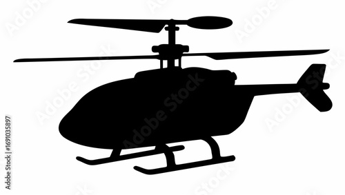 Silhouette illustration of a helicopter with rotor blades and landing skids on a white background