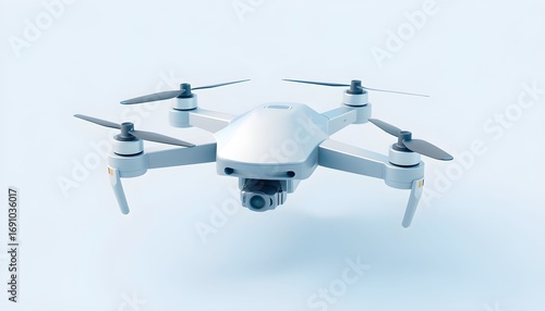 Modern white quadcopter drone with propellers and integrated sensor flying against a light blue background.