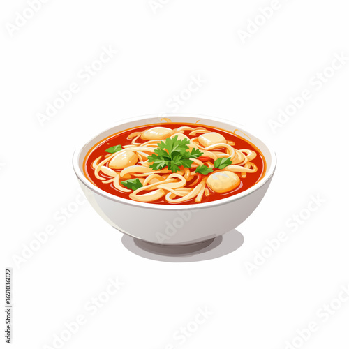 Colorful Illustration of a Bowl of Spicy Noodle Soup.