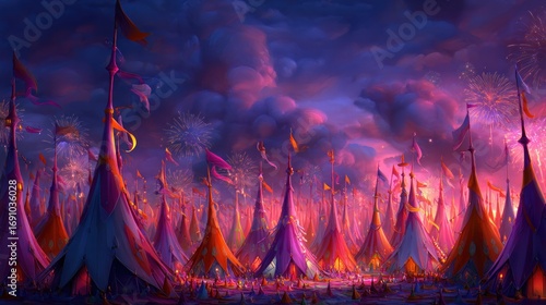 Colorful, vibrant encampment under a dramatic sky
