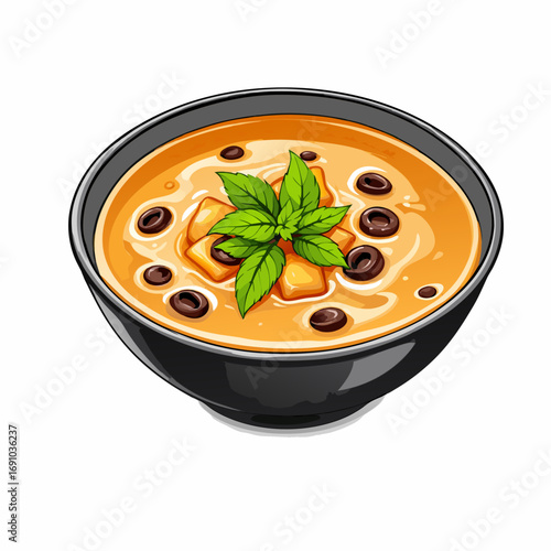 Colorful Red Soup Bowl with Toppings and Garnish.