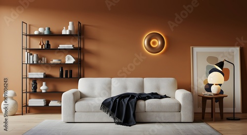 Modern Living Room Interior with White Sofa, Bookshelf, and Abstract Art