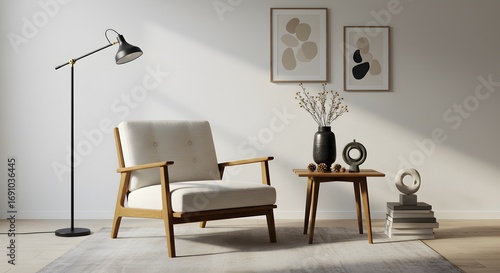 Modern Living Room Scene with Armchair, Floor Lamp, and Abstract Art