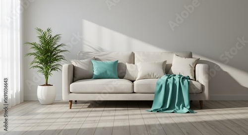 Modern Living Room Sofa with Green Throw Blanket and Potted Plant