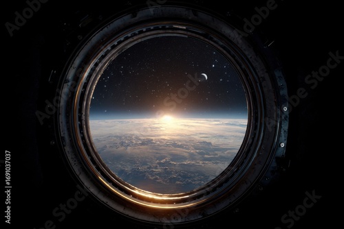 Sunrise seen through a spaceship porthole.  View of Earth's clouds and atmosphere from outer space, with a sunrise.  Metallic frame surrounds the circular window