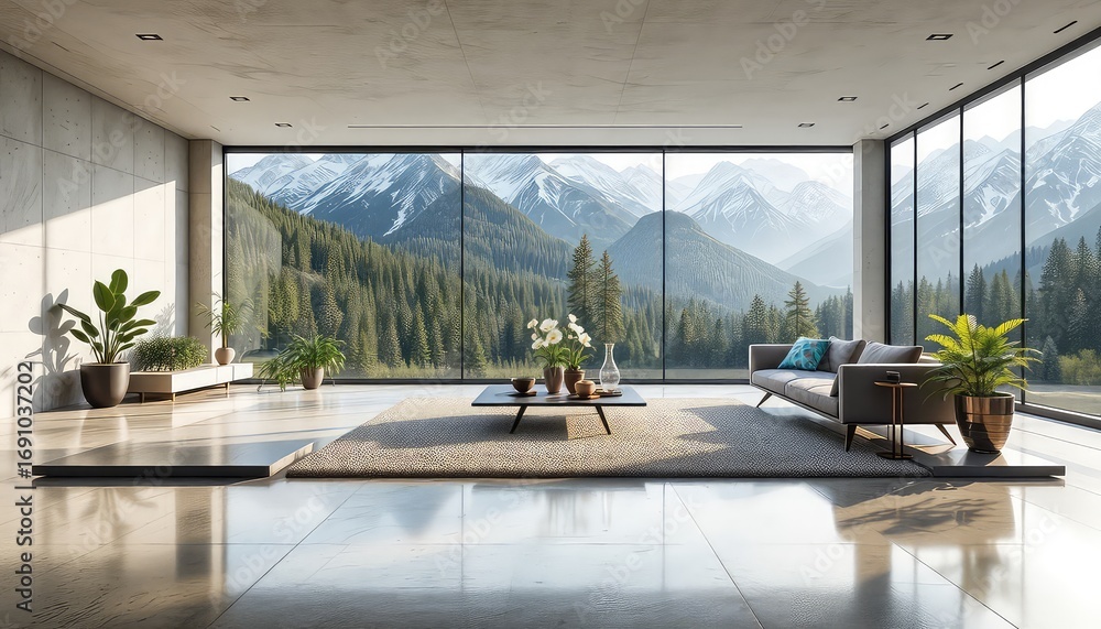 Fototapeta premium Bright and spacious living room design featuring a panoramic mountain view and modern furniture in neutral tones