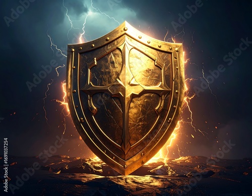 Golden shield glows amidst a stormy backdrop
