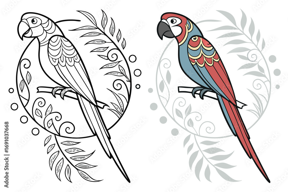 Fototapeta premium A captivating coloring page design featuring two stylized parrots.