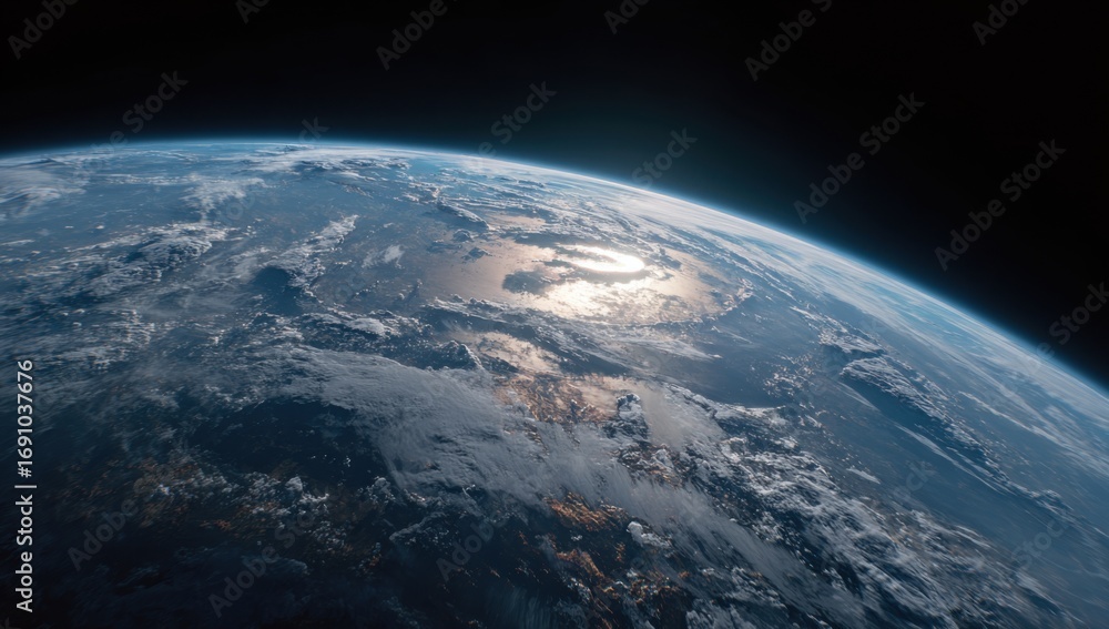 Fototapeta premium Earth from space, sunrise or sunset over clouds