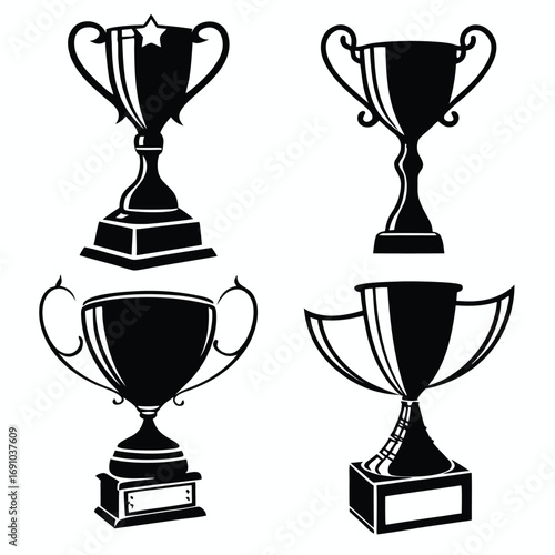 Black Trophy Cup Silhouette Vector Set | Champion Prize Icon Collection