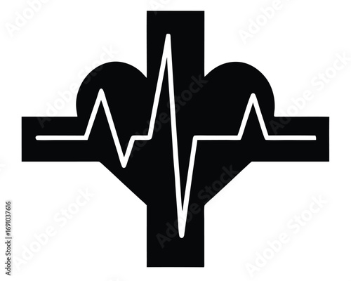 Medical cross heart and cardiogram line vector icon on white