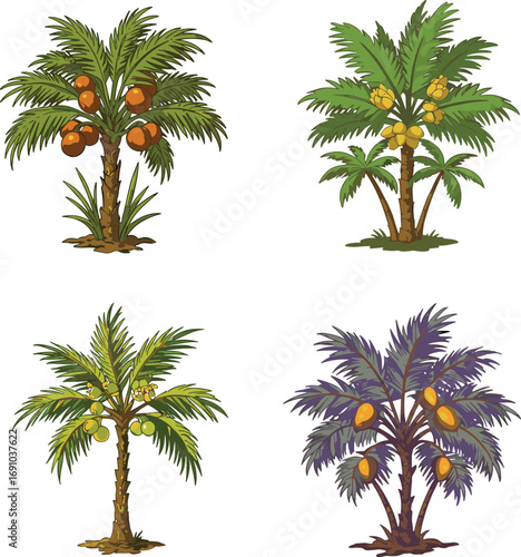 Tropical palm trees with orange, yellow, and green fruits, botanical illustration, exotic plant identification, seasonal harvest, orchard farming, tropical horticulture, agricultural reference