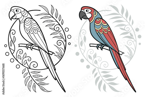 A captivating coloring page design featuring two stylized parrots.