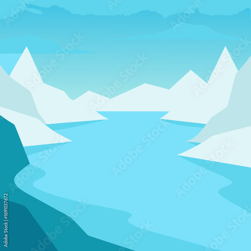Scalable vector illustration of a cool arctic mountain landscape with icy shores