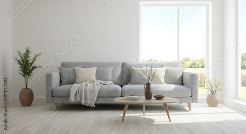 Modern Living Room with Comfortable Sofa and Large Window