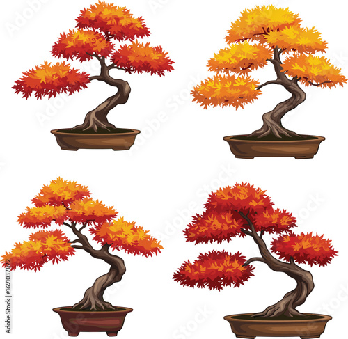 Bonsai tree collection, autumn foliage colors, twisted trunk designs, potted miniature trees, botanical art vector, seasonal plant illustration, cad drawing flat vector illustration
