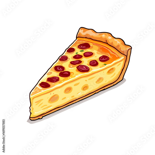 Delicious cartoon pizza slice with pepperoni and melted cheese featuring a vibrant green outline.