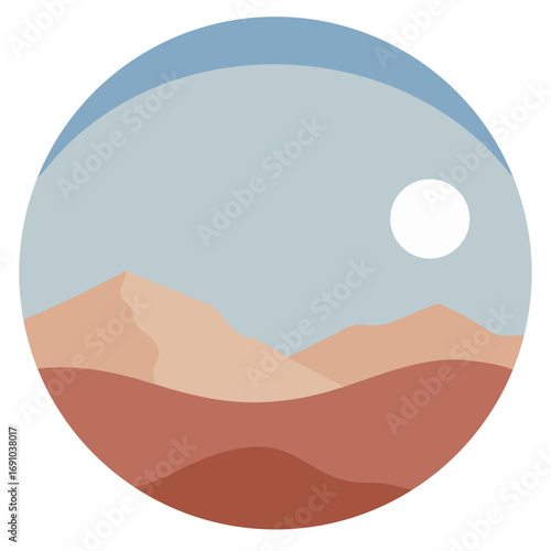 Abstract circular landscape vector illustration of dunes mountains and moon